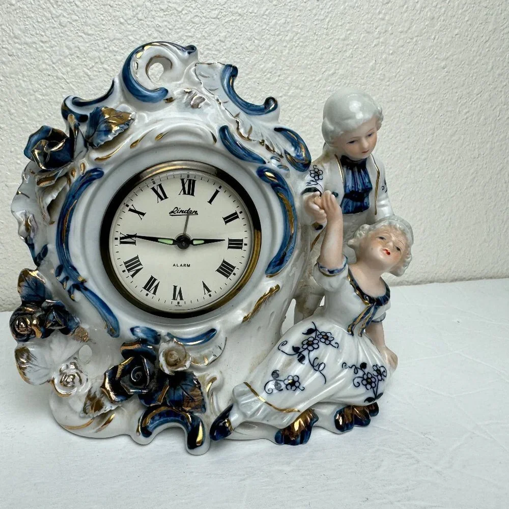 Vintage  Victorian Porcelain Figurines Blue & White & Gold Alarm Clock